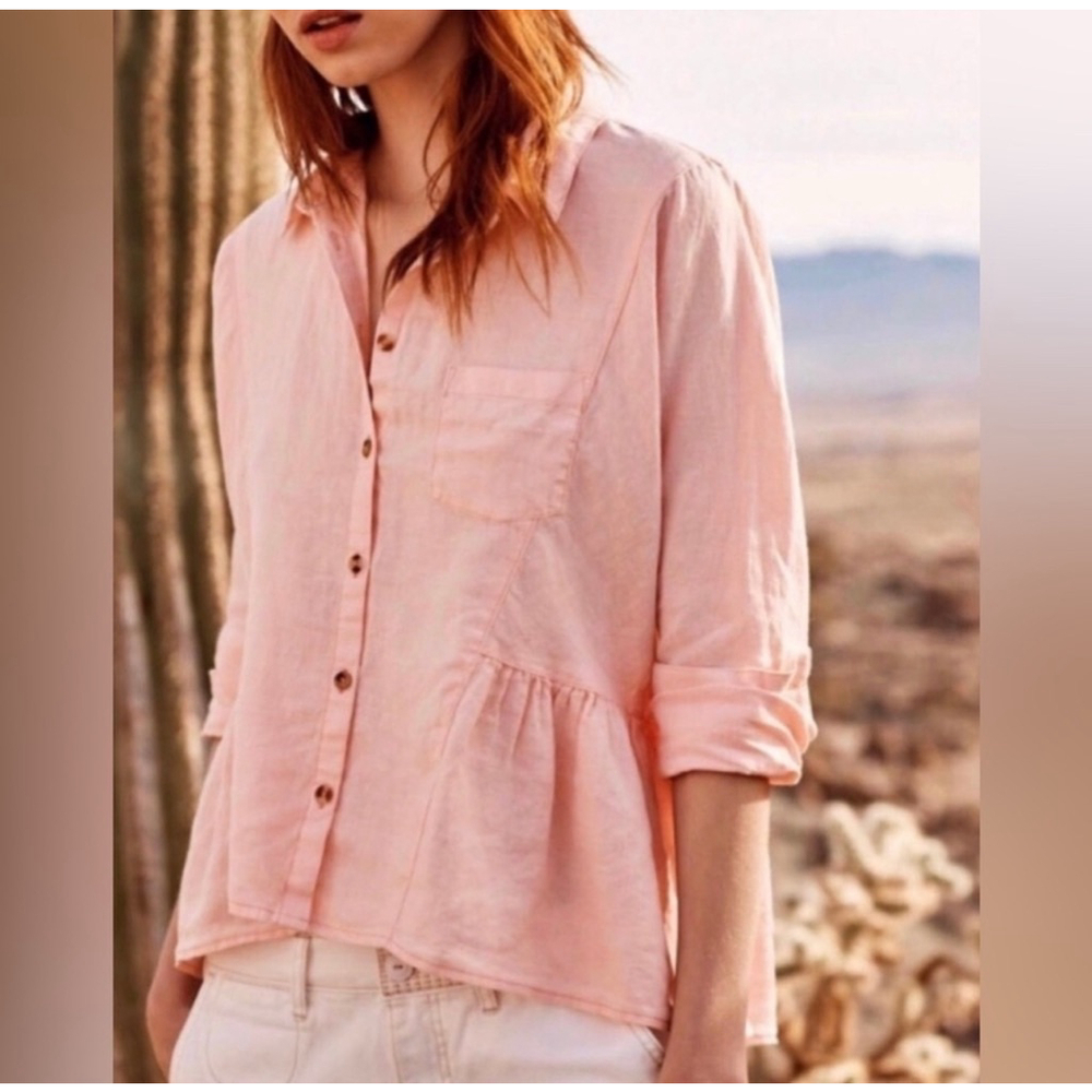 Anthropologie Holding Horses Top Medium Pink Linen Peplum Ruffle Boho Preppy